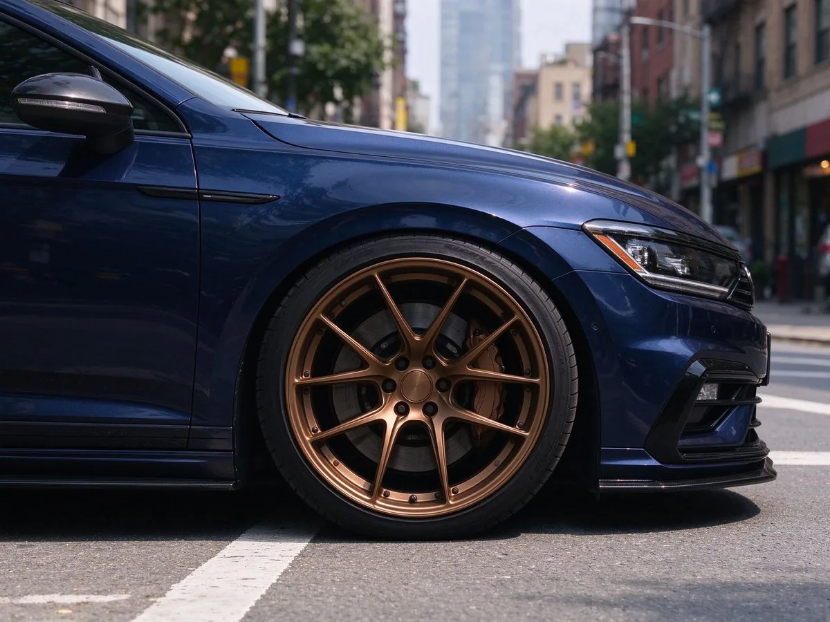 XCD Bronze forged wheels on blue sedan