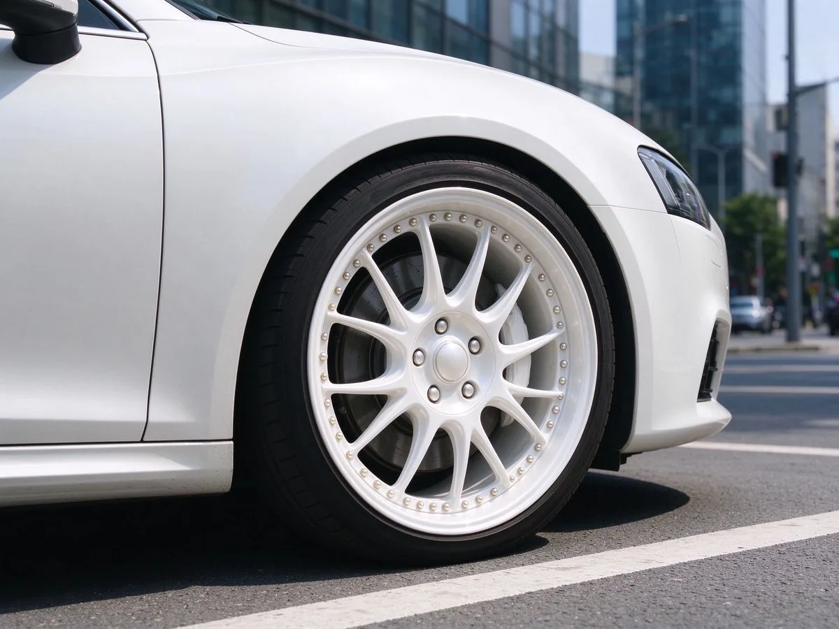 XCD Pearl white forged wheels on white sedan