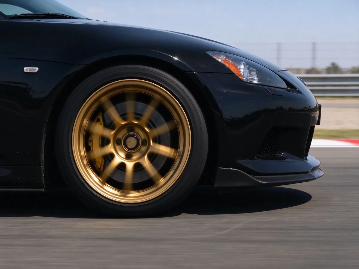 XCD Gold cast wheels on sports car on track